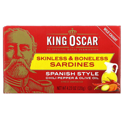 King Oscar Сардины без кожи и без костей, перец чили и оливковое масло в испанском стиле, 120 г (4,23 унции)