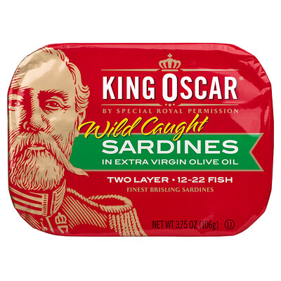 King Oscar сардины дикого улова в нерафинированном оливковом масле высшего качества, два слоя рыбы, 12–22 шт., 106 г (3,75 унции)