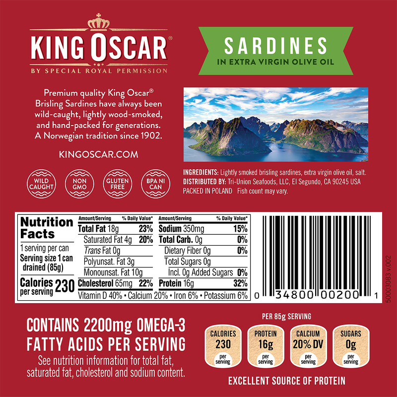 King Oscar, Wild Caught, Sardines In Extra Virgin Olive Oil, Two Layer