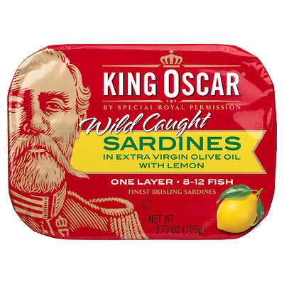 King Oscar Wild Caught, сардины в оливковом масле первого отжима, с лимоном, 106 г (3,75 унции)