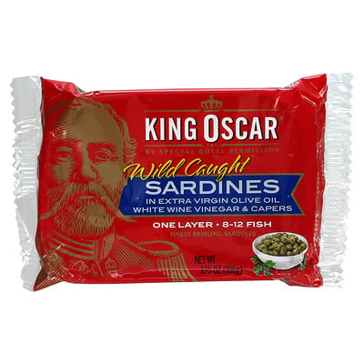 King Oscar Дикие сардины в оливковом масле первого отжима, белый винный уксус и каперсы, 106 г (3,75 унции)