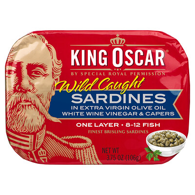 King Oscar Дикие сардины в оливковом масле первого отжима, белый винный уксус и каперсы, 106 г (3,75 унции)