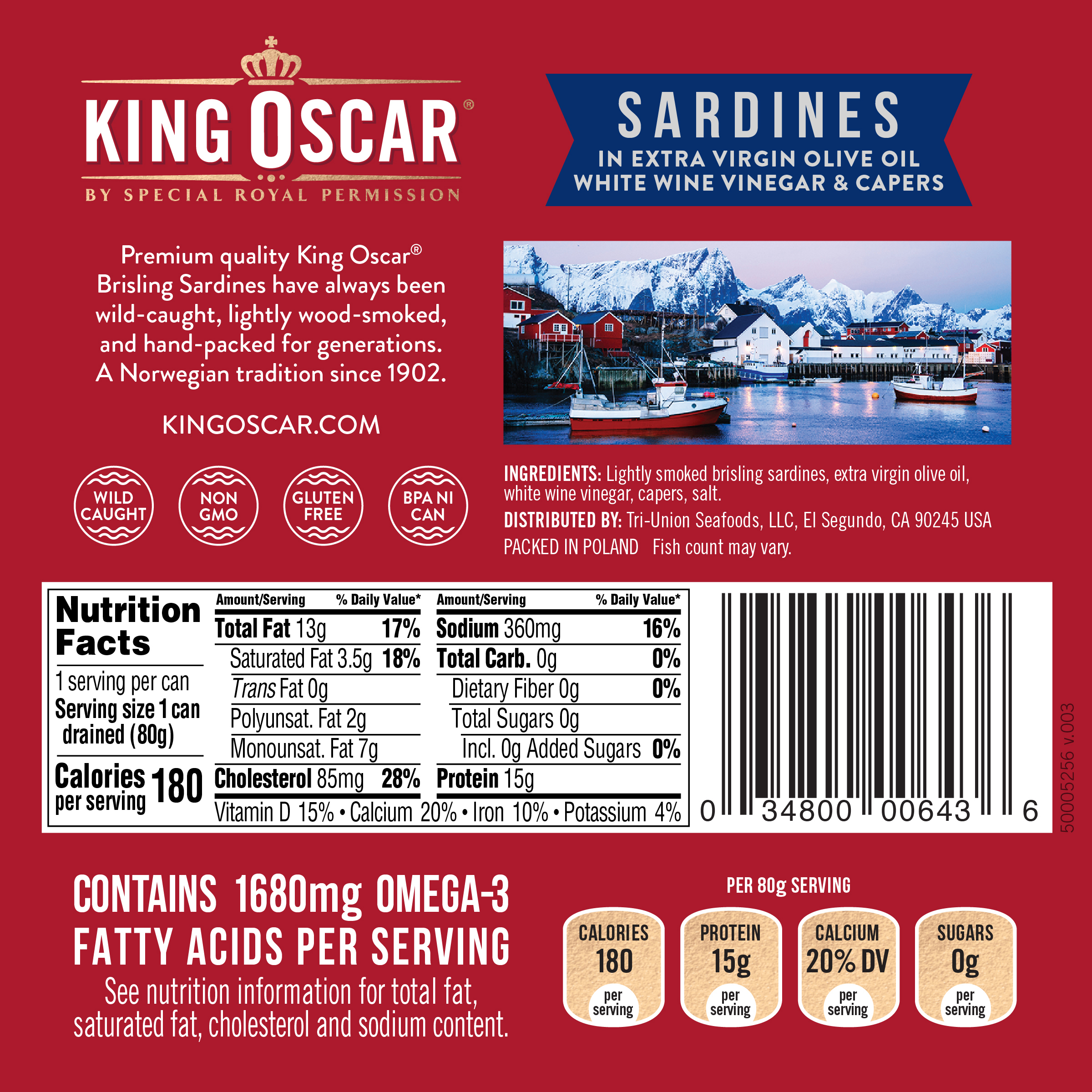 King Oscar Wild Caught Sardines In Extra Virgin Olive Oil With White Wine Vinegar & Capers - 3.75 Oz Can