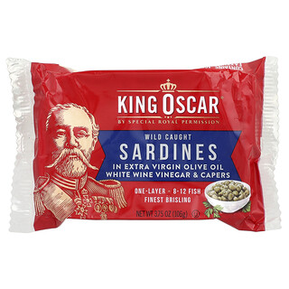 King Oscar, Sardines sauvages à l'huile d'olive extra vierge, au vinaigre de vin blanc et aux câpres, 106 g