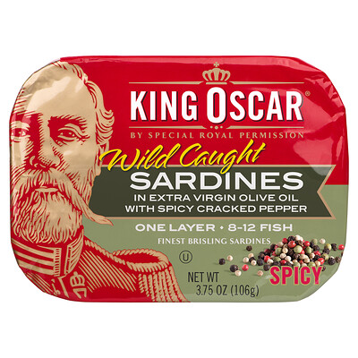King Oscar сардины дикого улова в нерафинированном оливковом масле высшего качества, один слой рыбы, 8–12 шт., 106 г (3,75 унции)