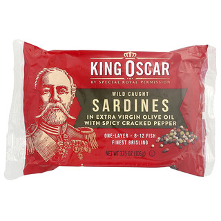 King Oscar, Sardinas capturadas en estado salvaje en aceite de oliva extra virgen con pimienta molida picante, Una capa, 106 g (3,75 oz)