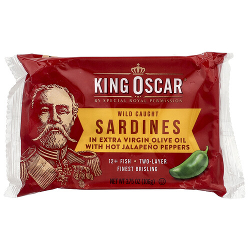 King Oscar, Wild Caught Sardine, In Extra Virgin Olive Oil with Hot Jalapeno Peppers, Hot, Two Layer, 3.75 oz (106 g)
