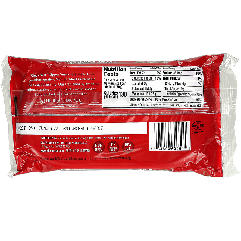 King Oscar, Kipper Snacks, Lightly Smoked Herring Fillets, 3.54 oz (100 ...