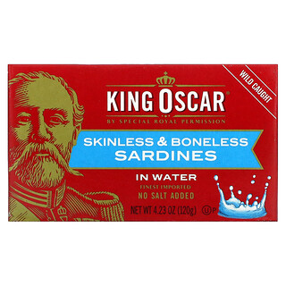King Oscar, سمك سردين منزوع الجلد والعظام، محفوظ في ماء، 4.23 أونصة (120 جم)