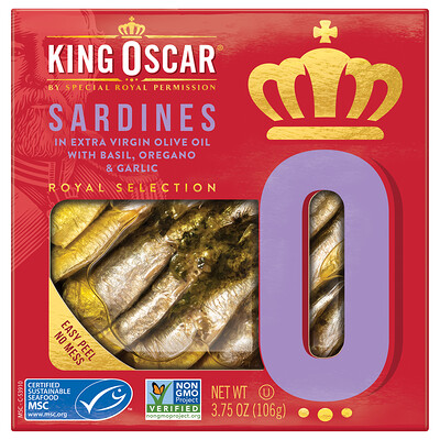 King Oscar Сардины в оливковом масле первого отжима с базиликом, орегано и чесноком, 106 г (3,75 унции)