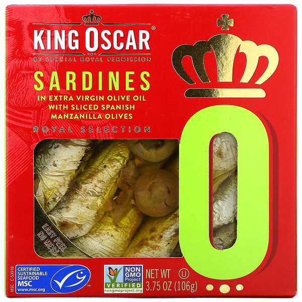 King Oscar, Sardines In Extra Virgin Olive Oil With Sliced Spanish Manzanilla Olives, 3.75 oz (106 g)