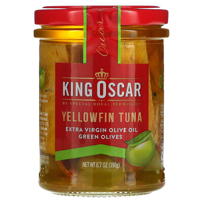 King Oscar Желтоперый тунец, оливковое масло холодного отжима, зеленые оливки, 190 г (6,7 унции)