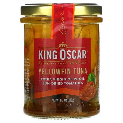 King Oscar Желтоперый тунец, вяленые на солнце томаты с оливковым маслом холодного отжима, 190 г (6,7 унции)