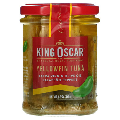 King Oscar Желтоперый тунец, оливковое масло холодного отжима, перец халапеньо, 190 г (6,7 унции)
