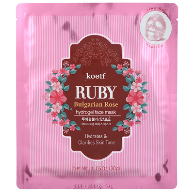 Koelf Ruby Bulgarian Rose Hydrogel Face Mask Pack, 5 Sheets, 1.05 oz (30 g) Each