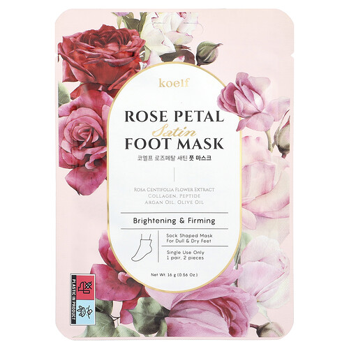 Koelf, Rose Petal Satin Foot Mask, Rosenblüten-Satin-Fußmaske, 1 Paar, 16 g (0,56 oz.)