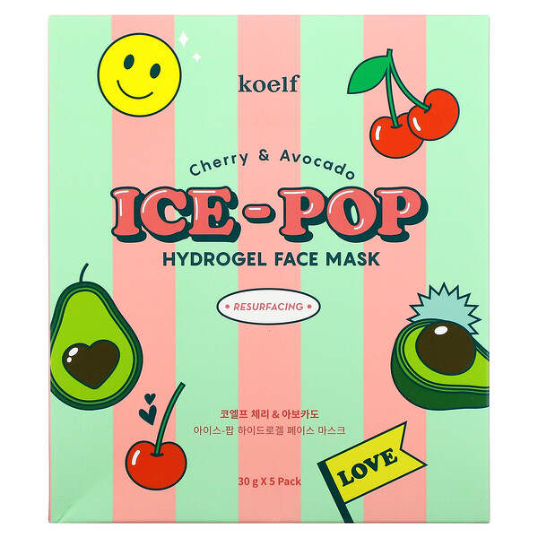 Koelf, Ice-Pop Hydrogel Beauty Face Mask, Cherry & Avocado, 5 Sheets, 30 g Each