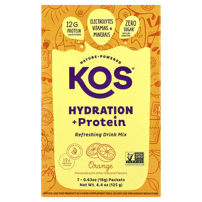 KOS, Hidratación y proteína, Mezcla para preparar bebidas refrescantes, Naranja, 7 sobres, 18 g (0,65 oz) cada uno