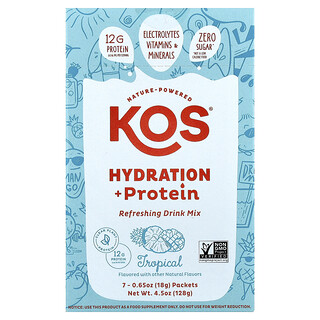 KOS, Hidratación y proteína, Mezcla para preparar bebidas refrescantes, Tropical, 7 sobres, 18 g (0,65 oz) cada uno