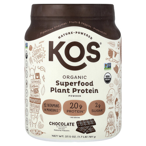 Kos Organic Superfood Plant Protein Powder, Chocolate, 1.7 lb (781 g)