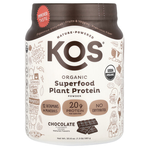 KOS, Organic Superfood Plant Protein Powder, Chocolate, 1.3 lb (585 g)