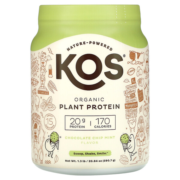 KOS, オーガニック植物性プロテイン、チョコチップミント、590.7g（1.3ポンド）
