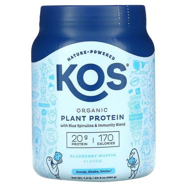 KOS‏, Organic Plant Based Protein with Blue Spirulina + Immunity Blend, Blueberry Muffin, 1.3 lb (585 g)