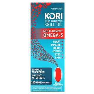 Kori, Aceite de kril antártico puro, Omega-3 con múltiples beneficios, 30 cápsulas blandas