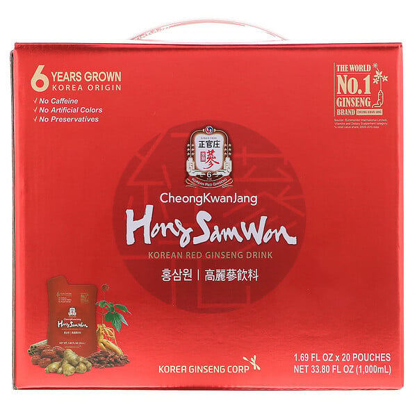 Hong Sam Won, Korean Red Ginseng Drink, 20 Pouches, 1.69 fl oz (50 ml) Each
