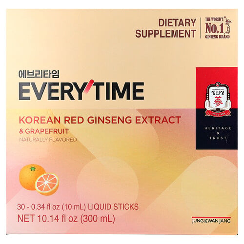 Jungkwanjang Korean Red Ginseng Extract, Everytime, Grapefruit, 30 Liquid Sticks, 0.34 fl oz (10 ml) Each