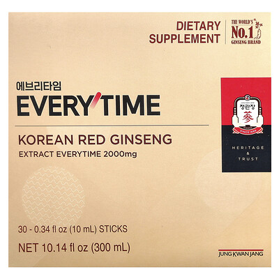 JungKwanJang, Extracto de ginseng rojo coreano, Everytime, 30 barritas, 10 ml (0,34 oz. líq.) cada una