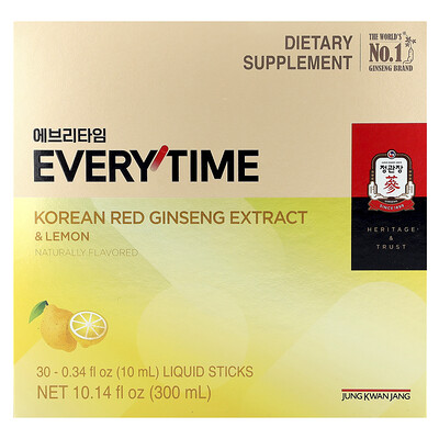 JungKwanJang, Extracto de ginseng rojo coreano, Everytime, Limón, 30 barritas líquidas, 10 ml (0,34 oz. líq.) cada una