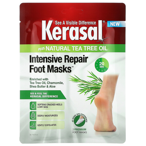 Kerasal, Intensive Repair Foot Masks（集中リペアフットマスク）、天然ティーツリーオイル配合、2枚
