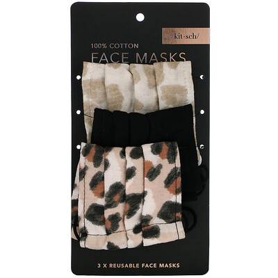 Kitsch 100% Cotton Reuseable Face Masks, Leopard, 3 Pack