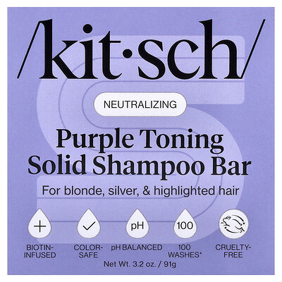 Kitsch, Champú sólido en barra tonificante de color púrpura, Biotina, Azahar y jazmín, 91 g (3,2 oz)