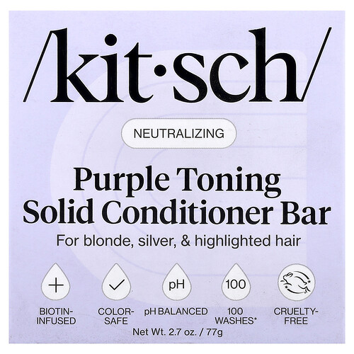 Kitsch, Barre d'après-shampooing solide tonifiant violet, Pour cheveux blonds, argent et méchés, Fleur d'oranger et jasmin, 77 g