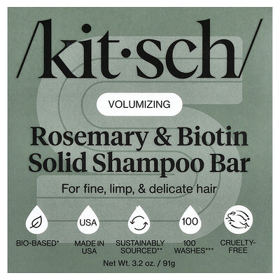 Kitsch, Champú sólido voluminizador en barra con romero y biotina, Para cabello fino, frágil y delicado, Lavanda dulce y romero, 91 g (3,2 oz)