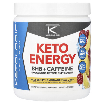 KetoLogic, Energía cetogénica, BHB más cafeína, Limonada de frambuesa, 270 g (9,6 oz)