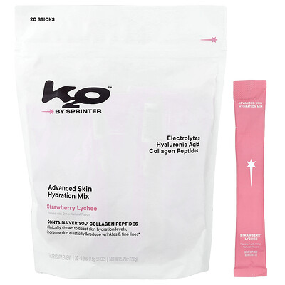 k2o by sprinter, Advanced Skin Hydration Mix, Strawberry Lychee, 20 Sticks, 0.26 oz (7.5 g) Each