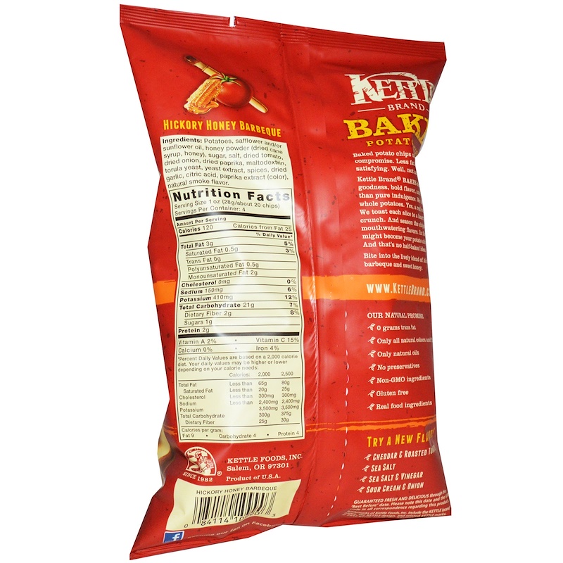 Kettle Foods, Baked Potato Chips, Hickory Honey Barbeque, 4 oz (113 g