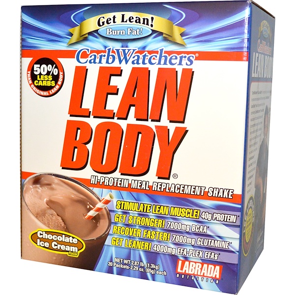 Labrada Nutrition, Средство для стройного тела CarbWatchers, вкус шоколадного мороженого, 20 пакетов, по 2,29 унции (65 г) каждый