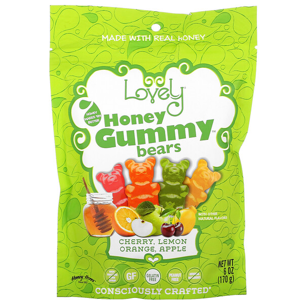Lovely Candy, Honey Gummy Bears, Cherry, Lemon, Orange, Apple, 6 oz ( 170 g)