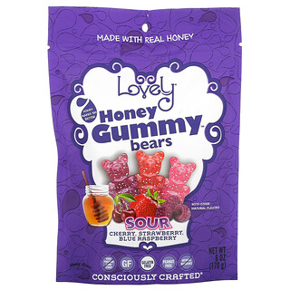 Lovely Candy, Honey Gummy Bears（ハニーグミベア）、サワーチェリー、イチゴ、ブルーラズベリー、170g（6オンス）