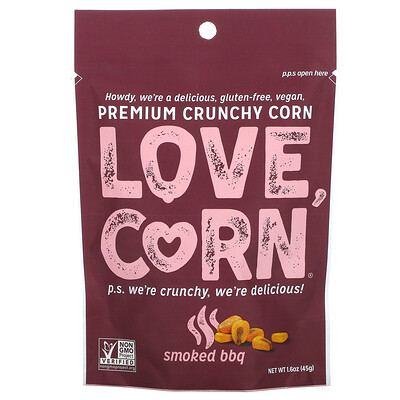 Love Corn Premium Crunchy Corn, барбекю с копченым вкусом, 45 г (1,6 унции)