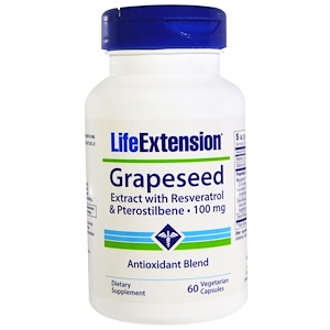 Life Extension, Экстракт виноградных косточек, с ресвератролом и птеростильбеном, 100 мг, 60 вегетарианских капсул