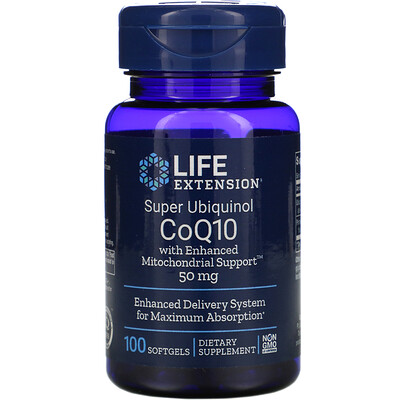 Life Extension Super Ubiquinol CoQ10 с улучшенной поддержкой митохондрий, 50 мг, 100 гелевых капсул