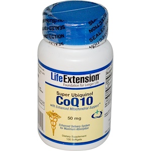 Life Extension, Супер убихинол CoQ10 с улучшенной поддержкой митохондрий, 50 мг, 100 мягких гелевых капсул