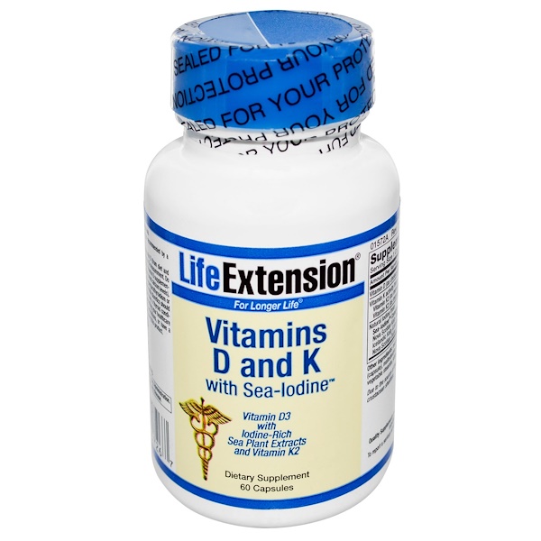 Life Extension, Vitaminas D y K con Yodo Marino, 60 Cápsulas iHerb