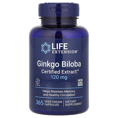 Life Extension, Ginkgo Biloba, Certified Extract, 120 mg, 365 cápsulas vegetales