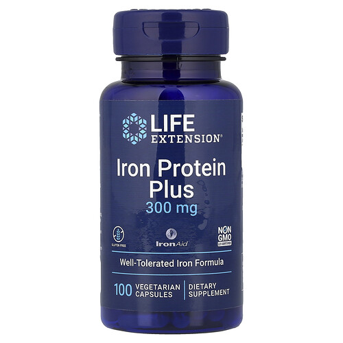 Life Extension, Iron Protein Plus, IronAid, Eisenprotein, 300 mg, 100 pflanzliche Kapseln